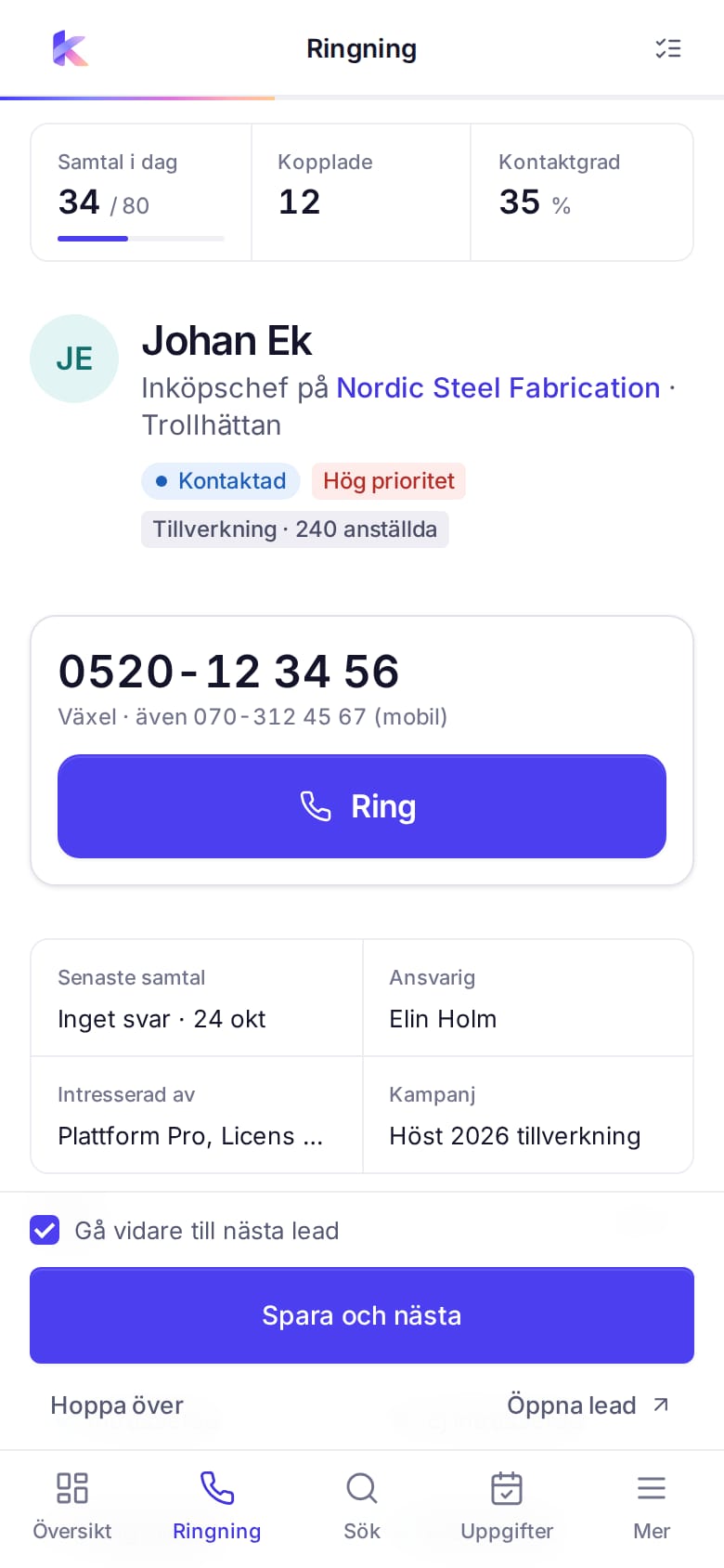Skärmbild av Ringning i Konvyra: kön till vänster, leaden i mitten och utfallsknapparna till höger.
